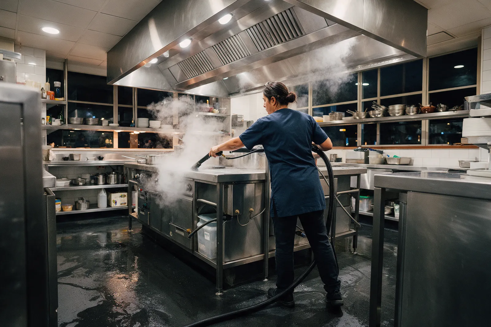 A cleaner in a navy tunic steam-cleaning a stainless steel commercial restaurant kitchen at night, the extraction canopy and shelving gleaming