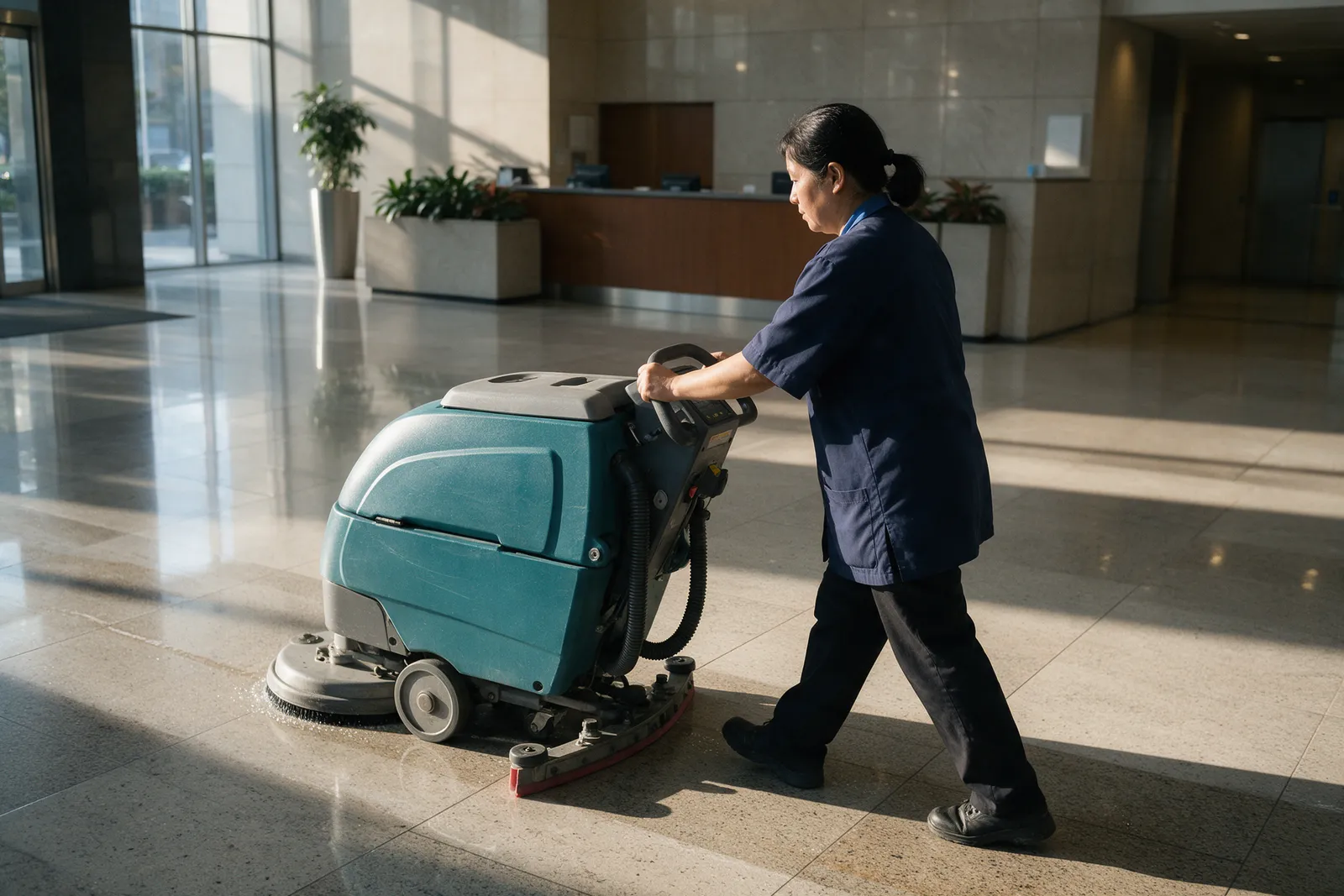 A cleaner in a navy tunic driving a walk-behind floor scrubber across a large polished stone lobby floor of an office building in early morning light
