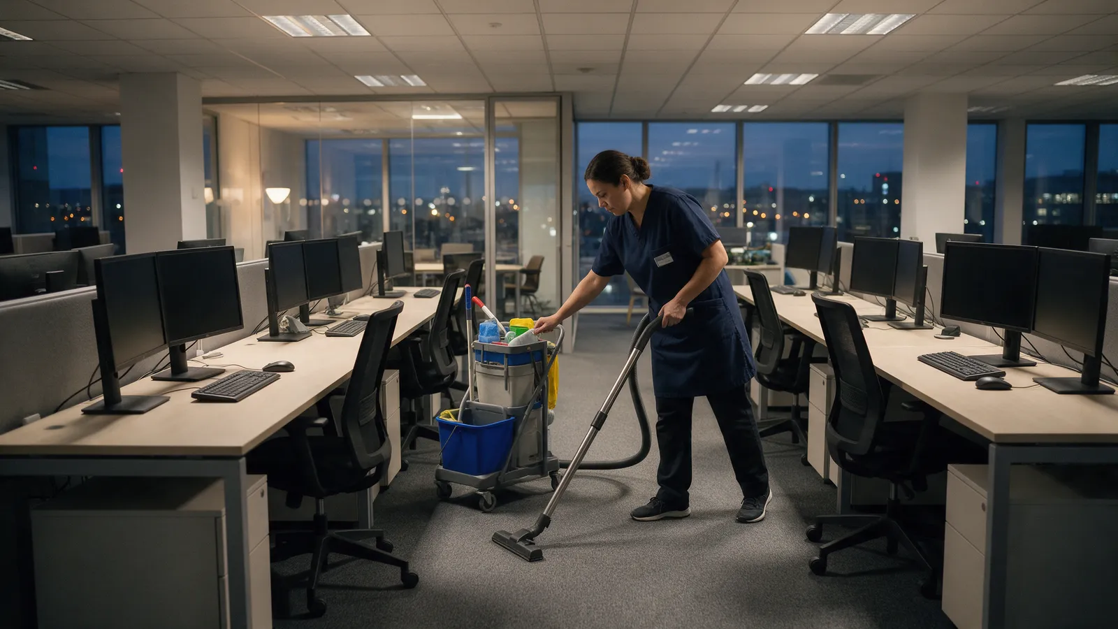 A commercial cleaner in a navy tunic vacuuming between desks in a modern open-plan office at dusk, glass meeting rooms and city lights through floor-to-ceiling windows