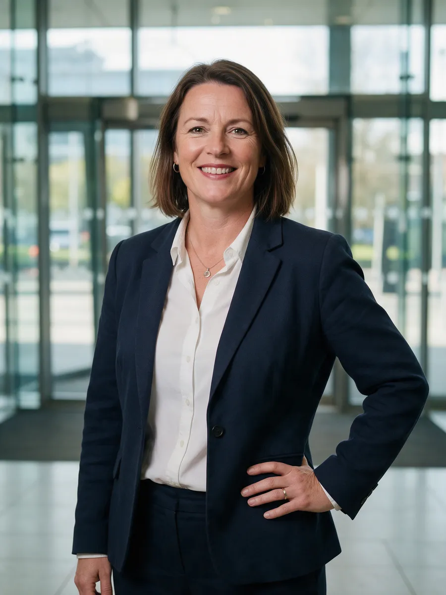 Bethan Rees, a woman in her mid-forties with shoulder-length brown hair in a navy blazer over a white shirt, standing in a glass-walled office lobby