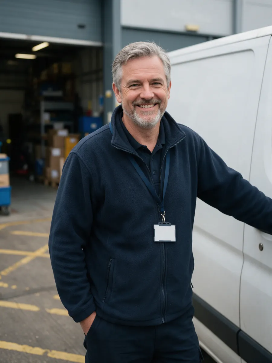 Gareth Owen, a man in his early fifties with grey hair and a neat beard in a navy fleece with a lanyard, beside a white van at an office loading bay