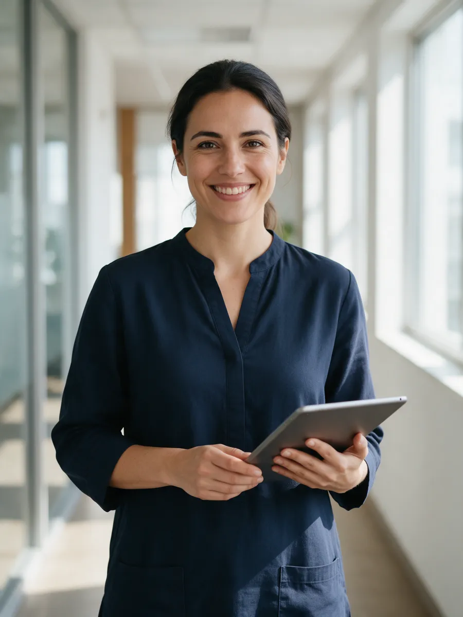 Sophie Hughes, a woman in her early thirties with dark hair tied back in a navy tunic holding a tablet in a bright office corridor