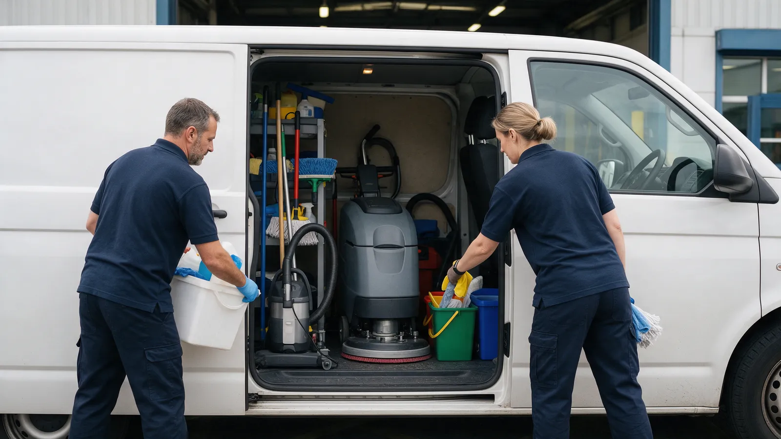 A plain white van with its side door open showing racked cleaning equipment, a floor scrubber, vacuum and colour-coded mop buckets, at the loading bay of an office building with two cleaners unloading