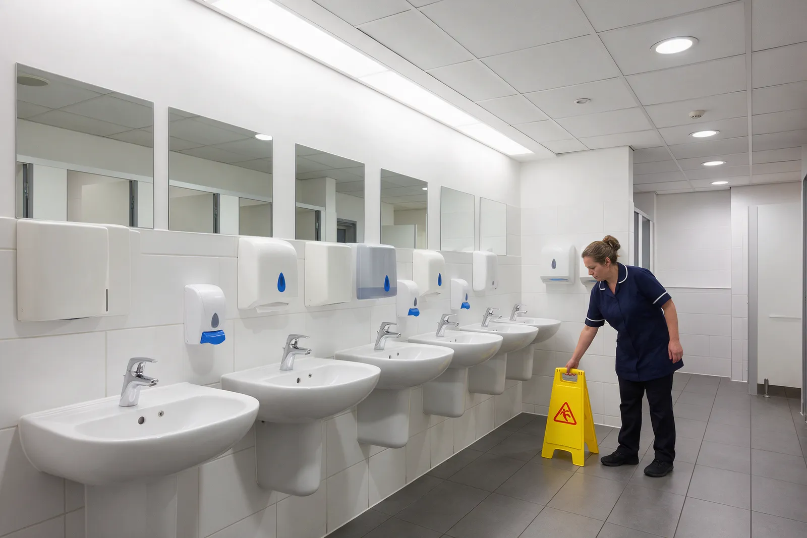 A spotless commercial office washroom after cleaning, a row of basins with chrome taps, mirrors, dispensers refilled and a cleaner placing a wet floor sign