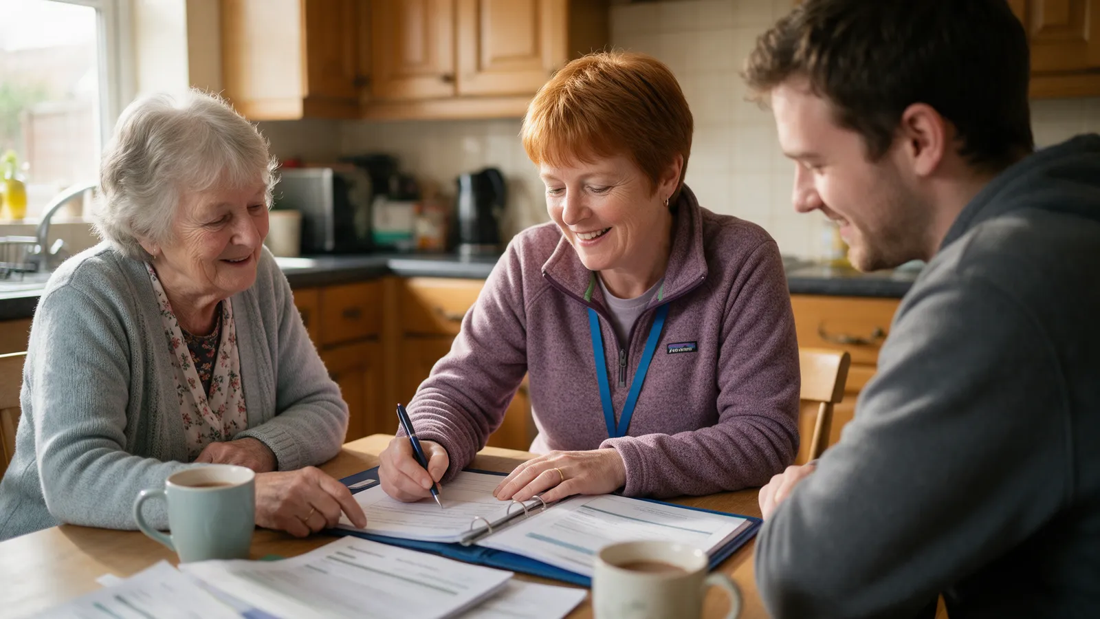 A manager with a care folder at a kitchen table with an older woman and her son, writing a care plan together