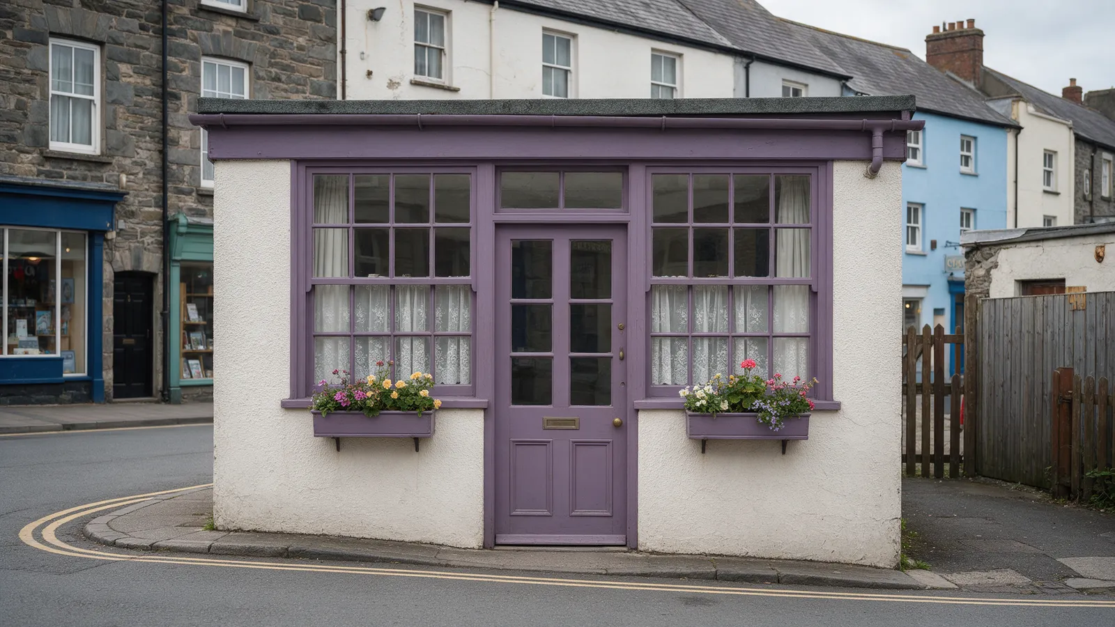 A small shopfront office in a row of old stone and painted buildings with a heather-coloured door and window boxes