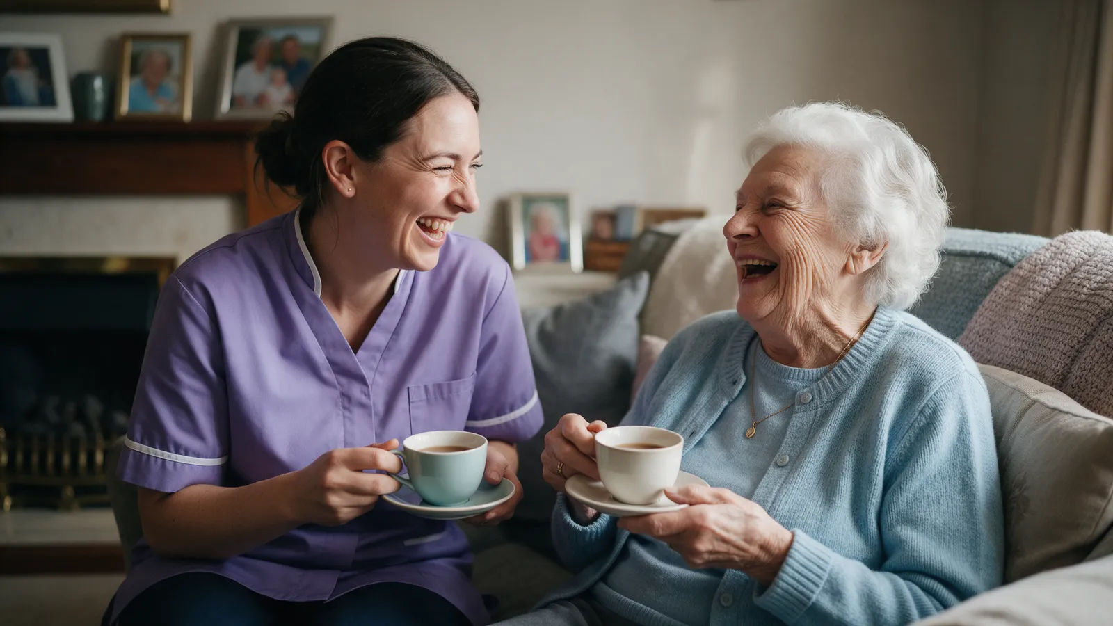 A carer in a heather tunic and an older woman laughing together over cups of tea on a sofa in a cosy living room