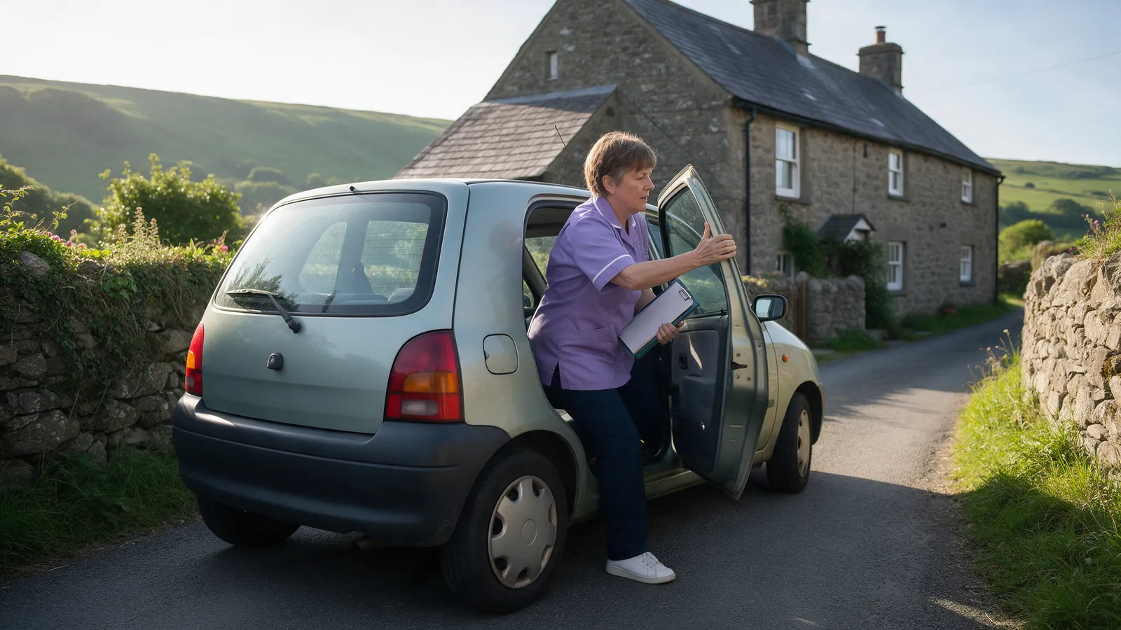 A carer in a heather tunic getting out of a small car on a country lane outside a stone cottage, holding a care folder