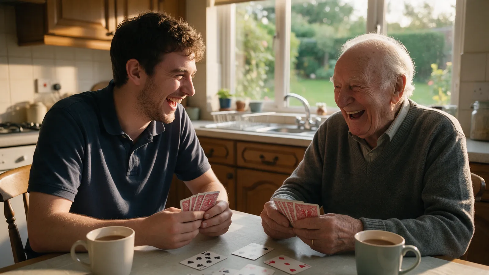 A young carer and an older man laughing over a game of cards at a kitchen table with mugs of tea