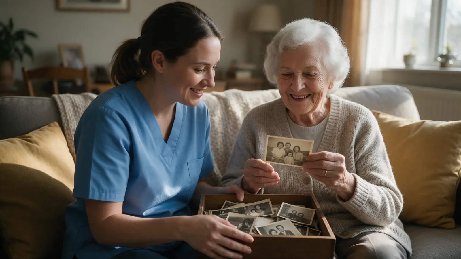 A carer and an older woman looking through a box of old black-and-white photographs together on a sofa