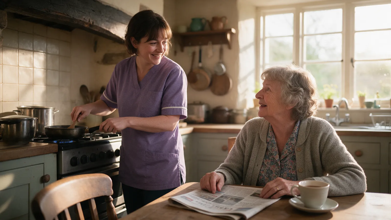 A carer cooking at a farmhouse kitchen stove while an older woman sits at the table with a newspaper and a cup of tea