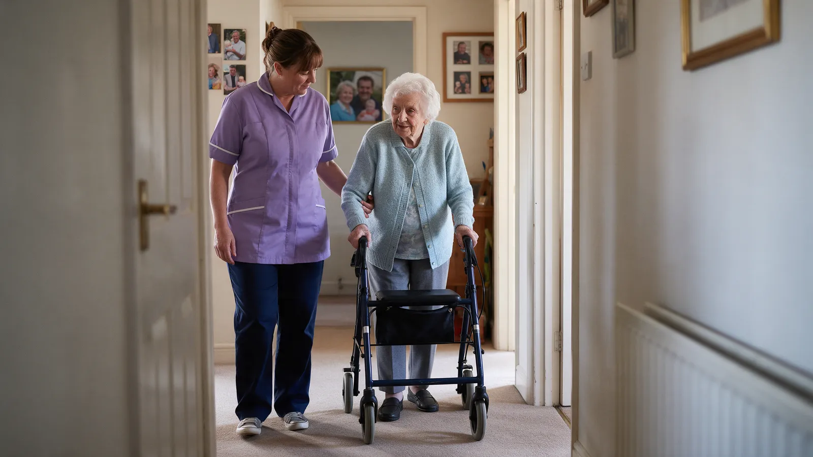 A carer in a heather-coloured tunic walking beside an older woman with a walking frame along the hallway of her home