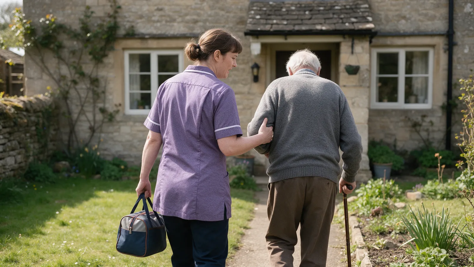 A carer carrying a small overnight bag and holding the arm of an older man as he walks up the path to his front door