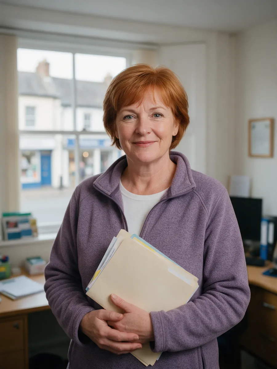 Bethan Rees, a woman in her fifties with short auburn hair and a heather fleece, standing in a bright office with a care folder