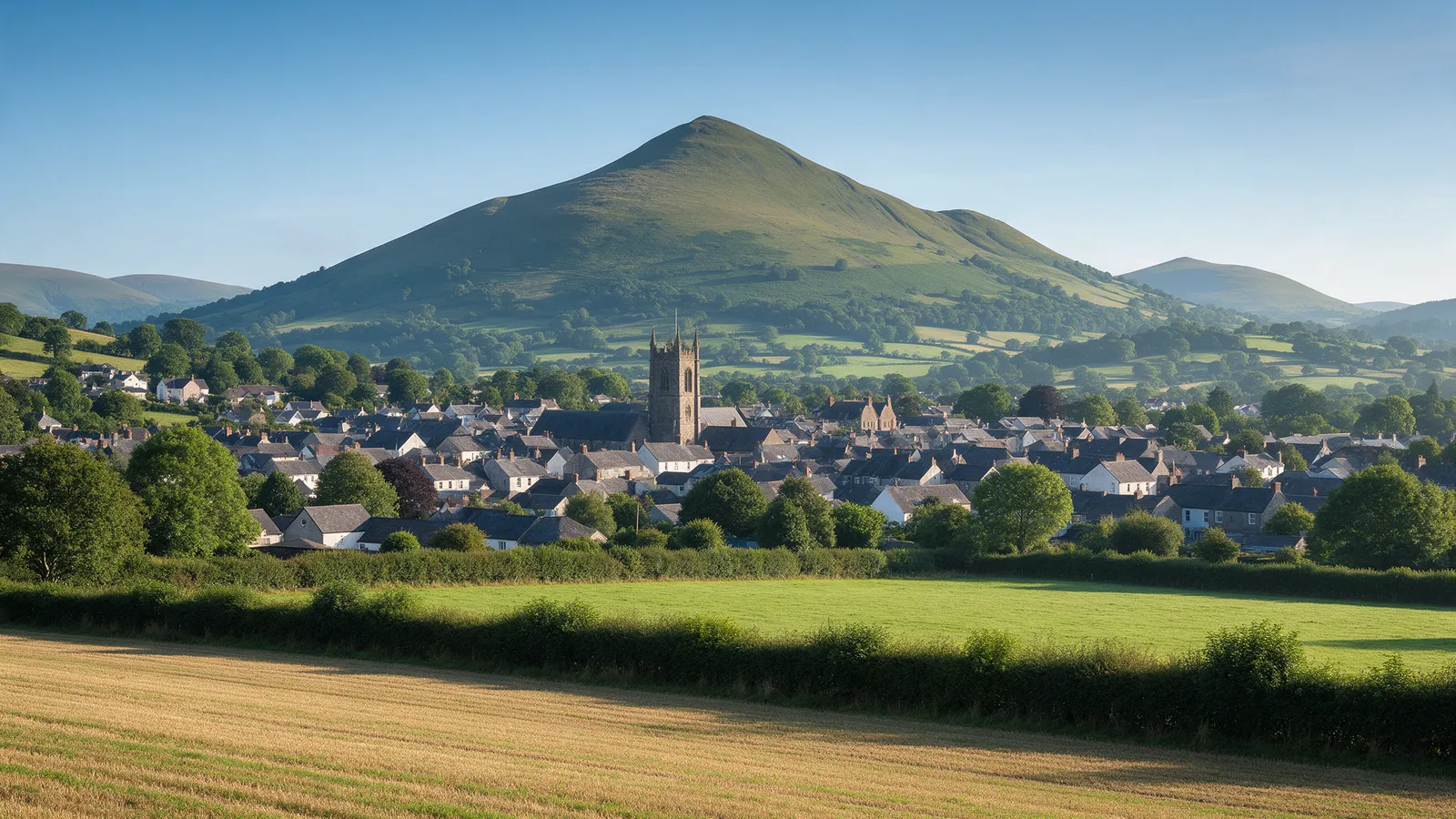 A small Welsh market town of slate roofs and a church tower beneath a rounded green mountain on a clear morning