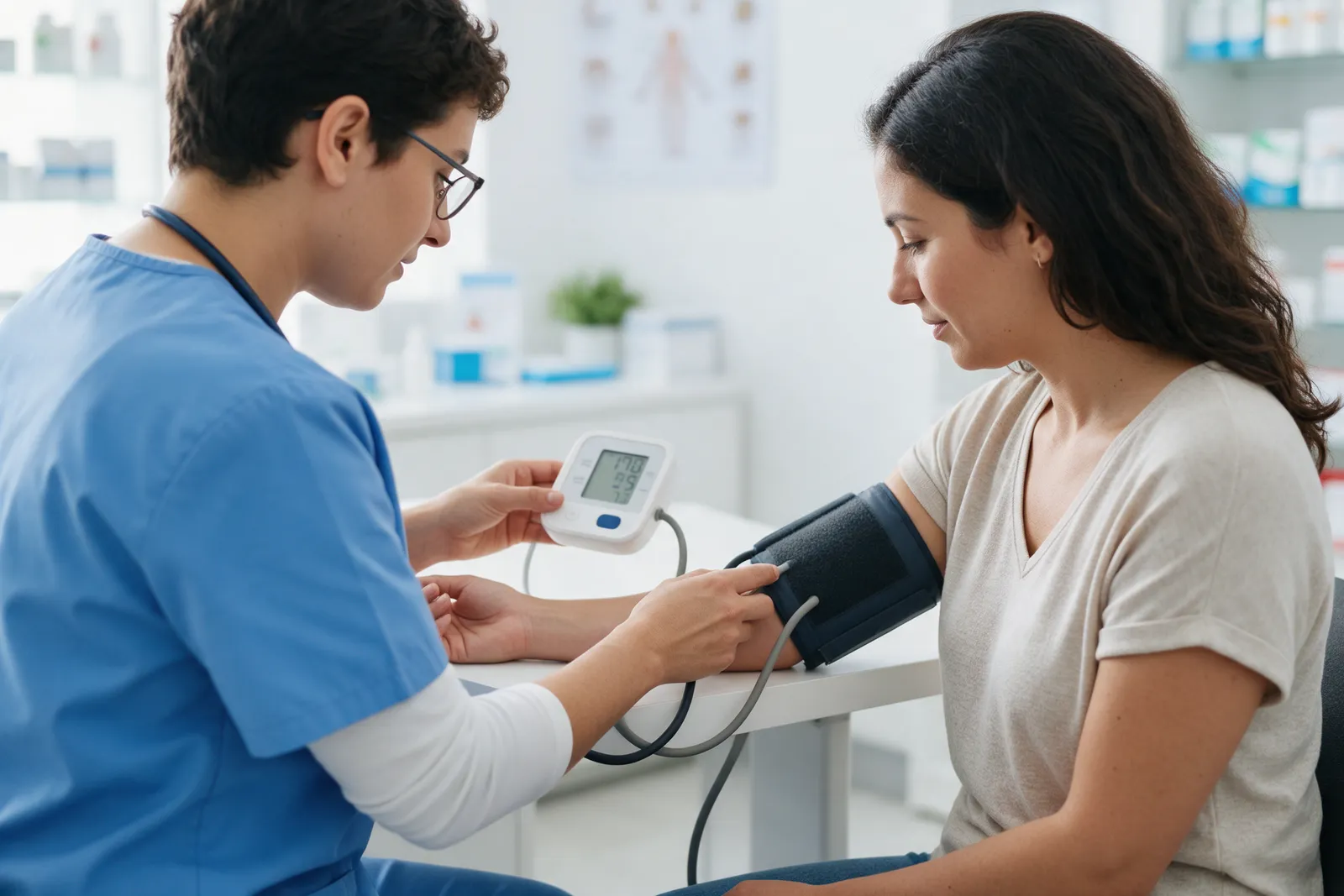 A pharmacy technician checking a blood pressure reading on a digital monitor on a woman's arm in a consultation room
