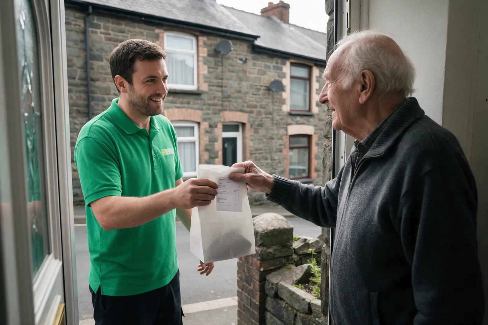 A pharmacy delivery driver in a green polo shirt handing a white paper prescription bag to an elderly man at the front door of a stone terraced house