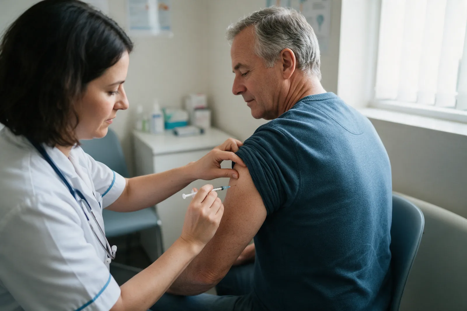 A pharmacist giving a flu vaccination to a man in his sixties in a small private consultation room, sleeve rolled up