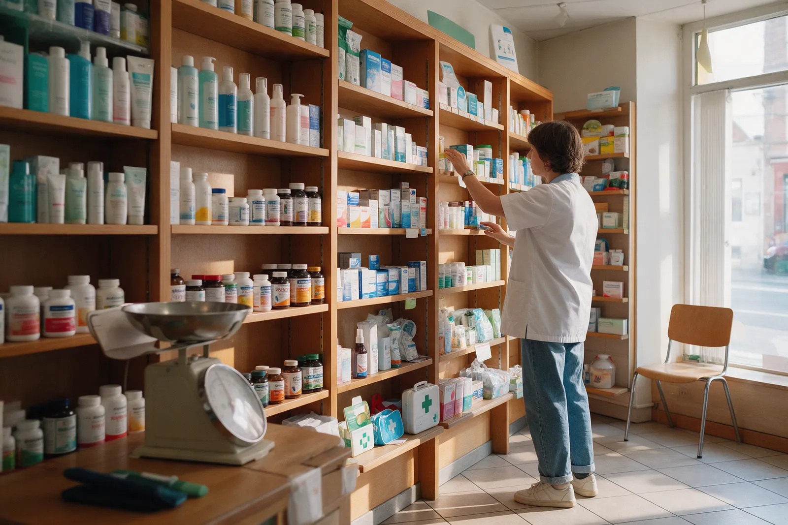 The front shop of an independent pharmacy with wooden shelves of products, a chair by the window and a member of staff tidying a shelf