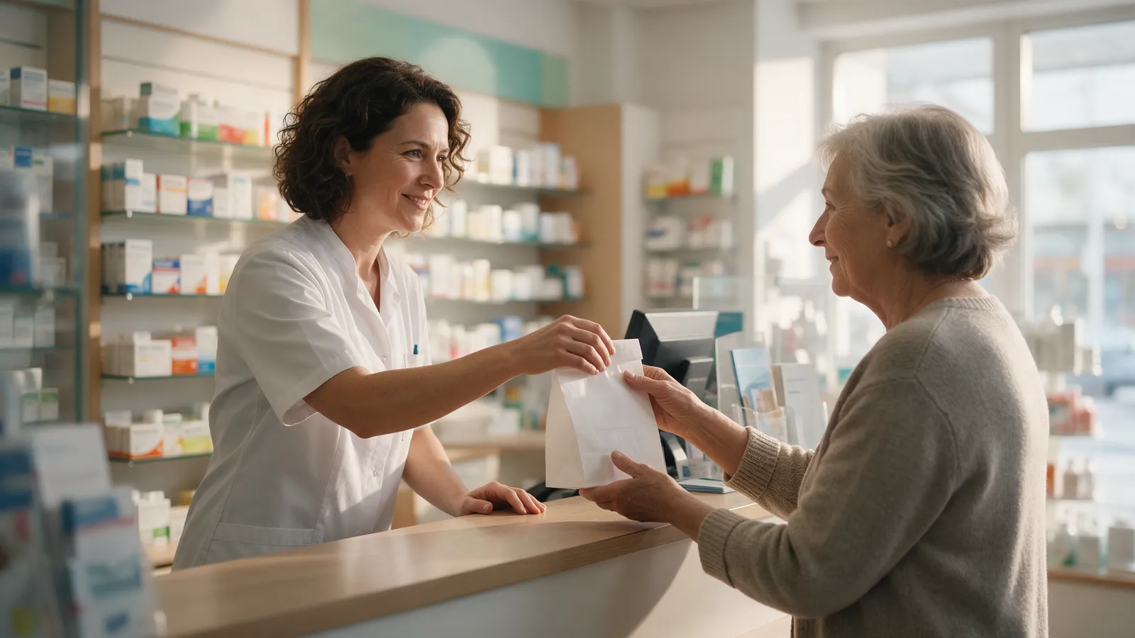 A pharmacist in her forties in a white tunic handing a prescription bag across the counter to an older woman in a bright independent pharmacy