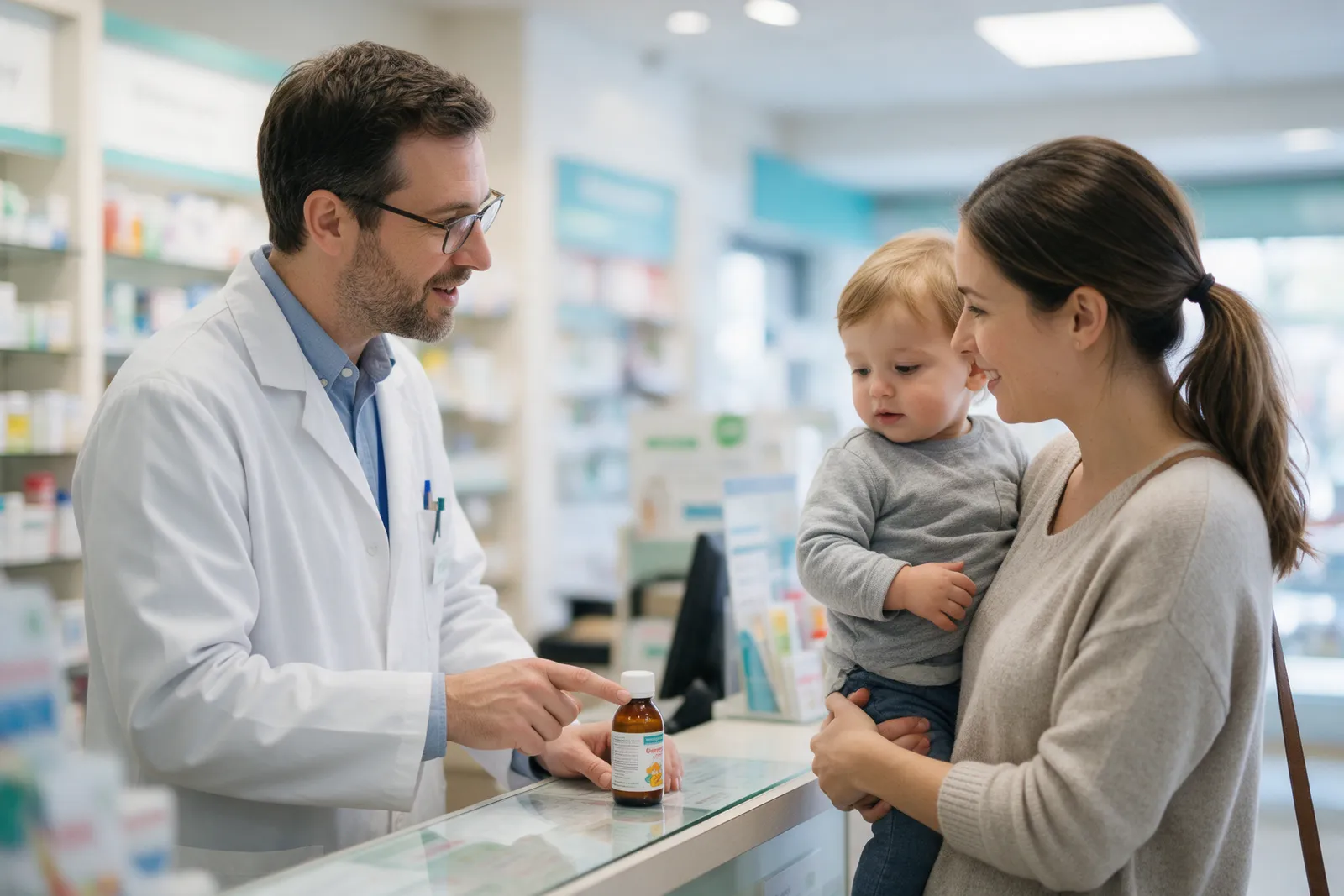 A pharmacist talking to a young mother holding a toddler at a pharmacy counter, pointing to a bottle of children's medicine