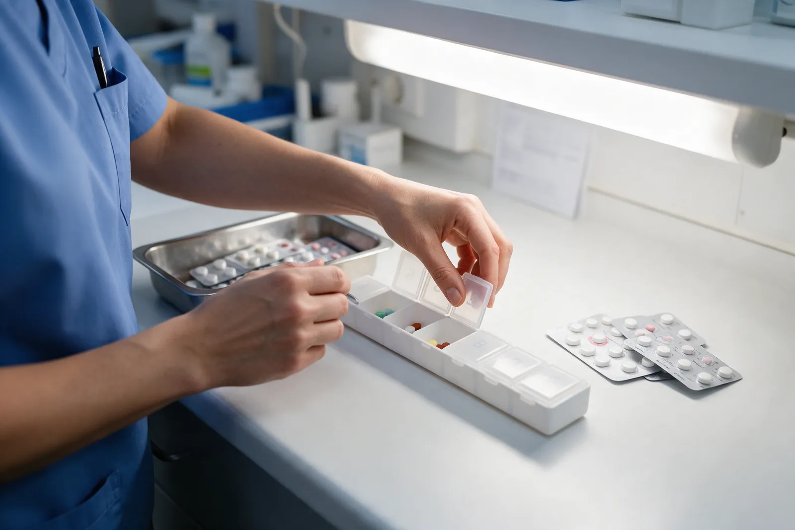 A weekly pill organiser being filled by a pharmacy technician at a clean bench with blister packs and a tray