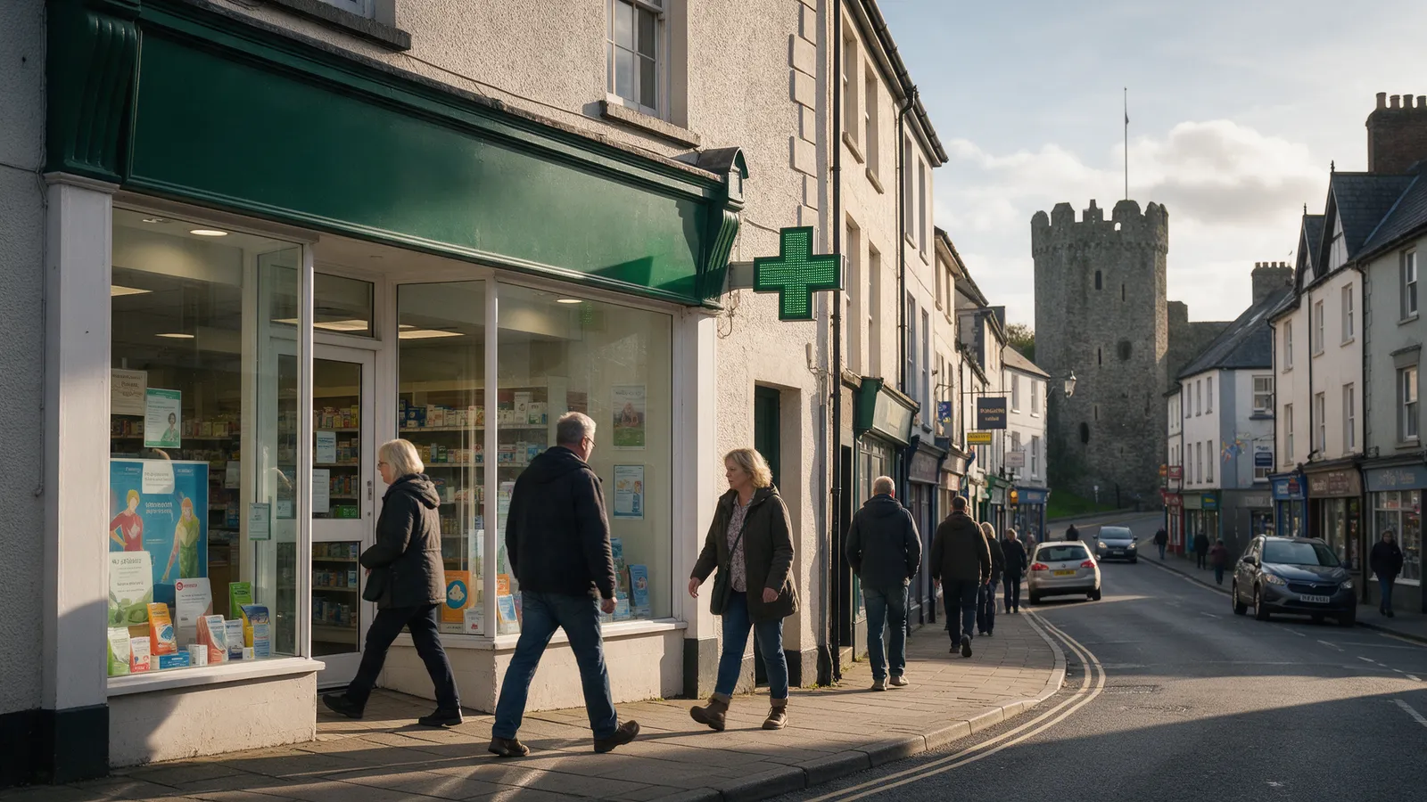 An independent pharmacy shopfront on a Welsh market-town street with a green cross sign and a dark green fascia, a medieval castle tower visible at the end of the street