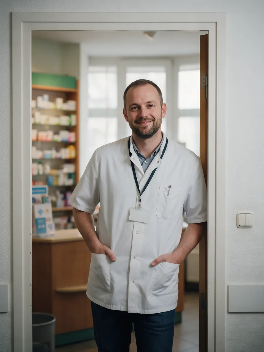 Owen Pritchard, a man in his late thirties with short hair and a beard in a white pharmacist's tunic with a lanyard, in a consultation room doorway