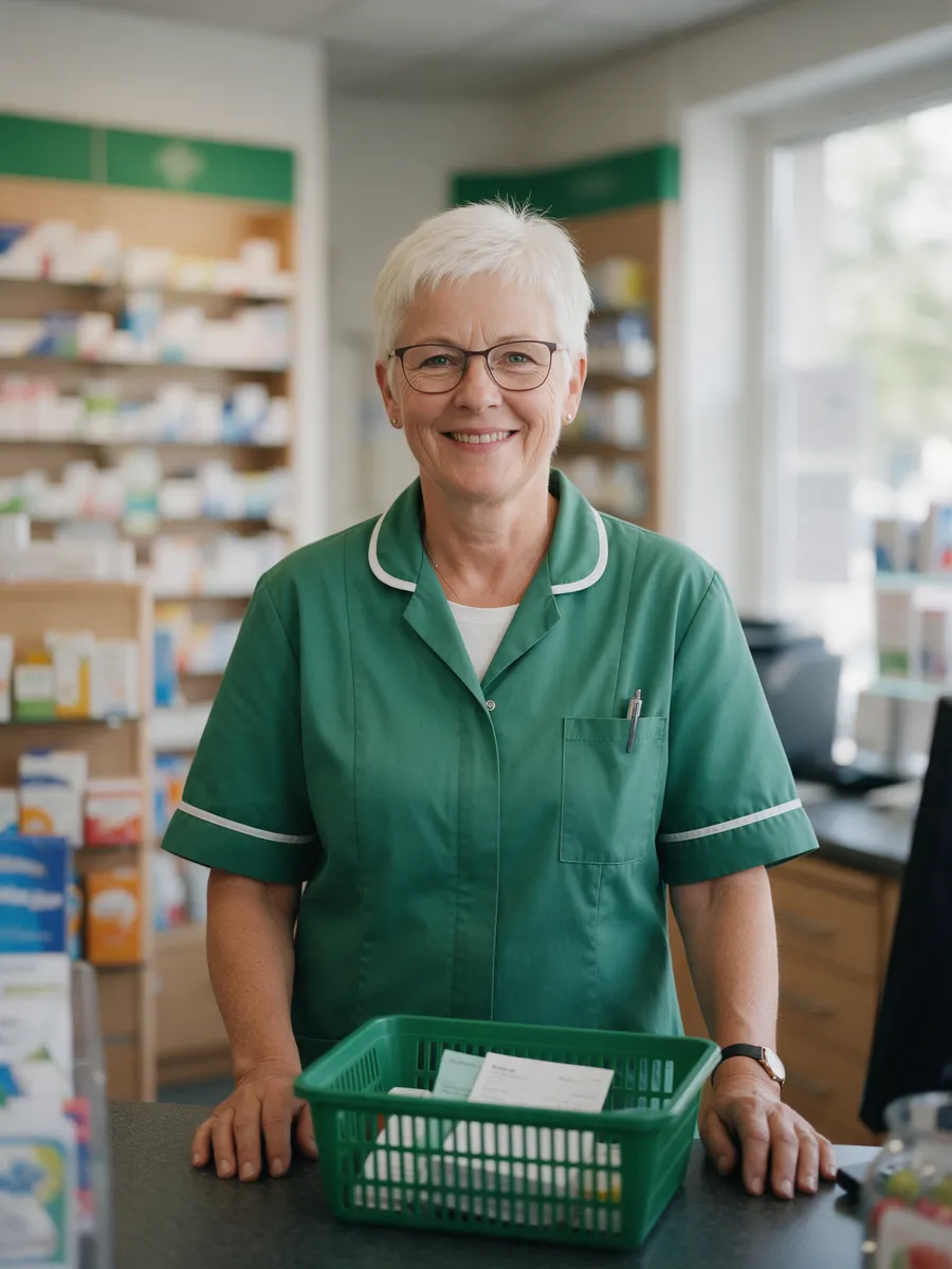 Pat Lewis, a woman in her early sixties with short white hair and glasses in a green counter uniform, at the pharmacy counter with a prescription basket