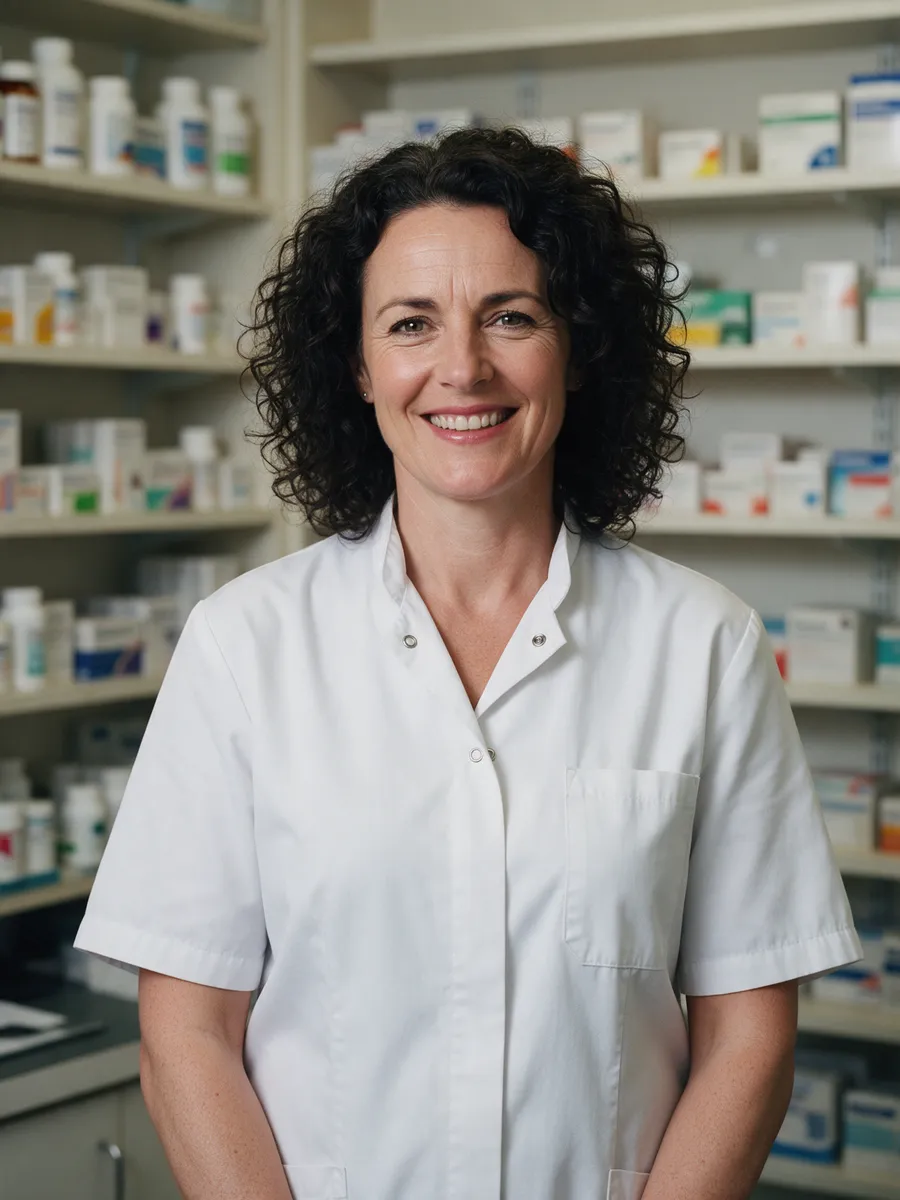 Sian Morgan, a woman in her mid-forties with dark curly hair in a white pharmacist's tunic, standing in a dispensary with shelves of medicines behind