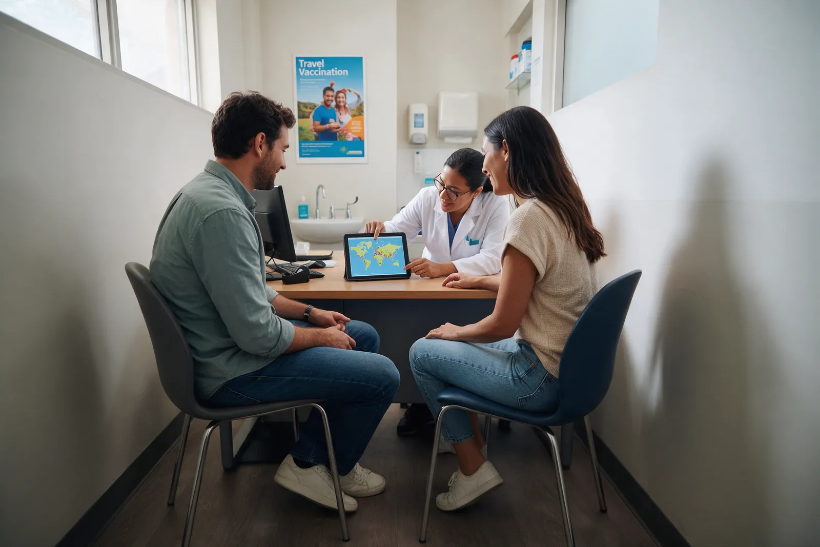 A pharmacy consultation room with a desk, two chairs and a sink, a pharmacist showing a couple a world map on a tablet