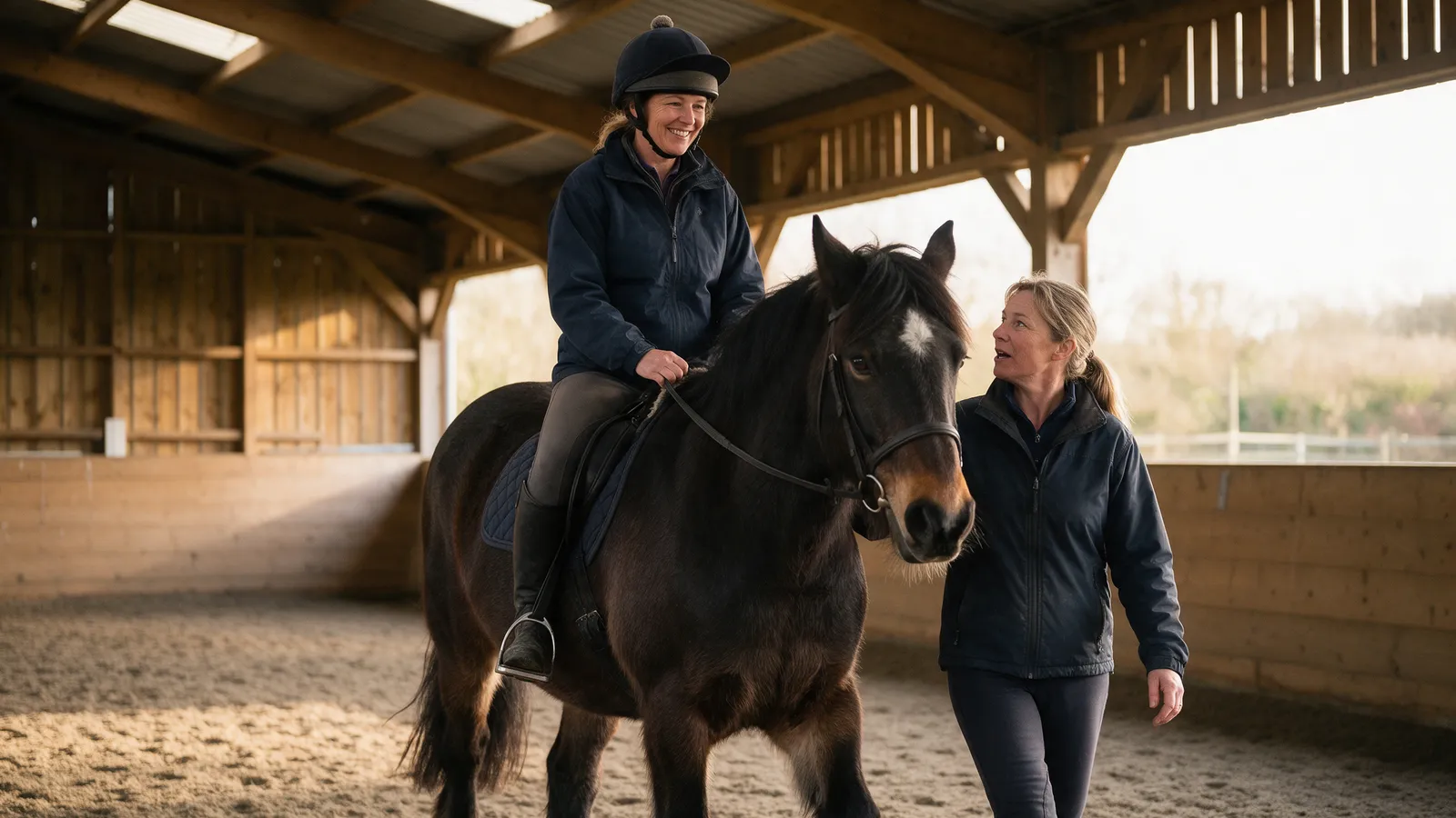 A woman in her forties riding a dark bay cob at walk in a covered arena, smiling, an instructor walking beside the horse's shoulder