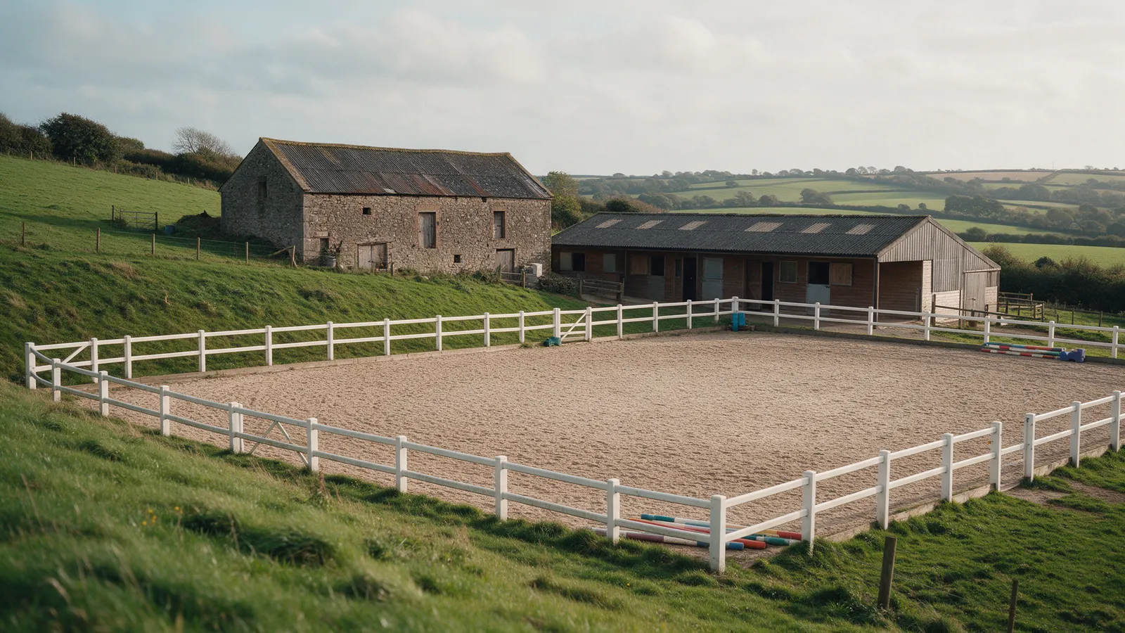 A sand arena with white rails beside a stone barn and a timber stable block on a green hillside, the Vale of Glamorgan beyond