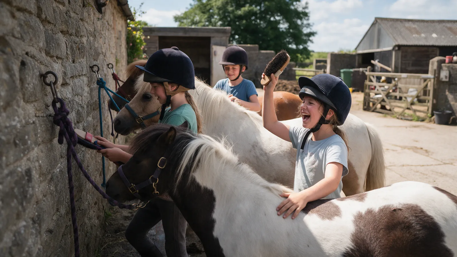 Four children in riding hats grooming ponies tied up in a stone-walled yard, one holding up a body brush and laughing