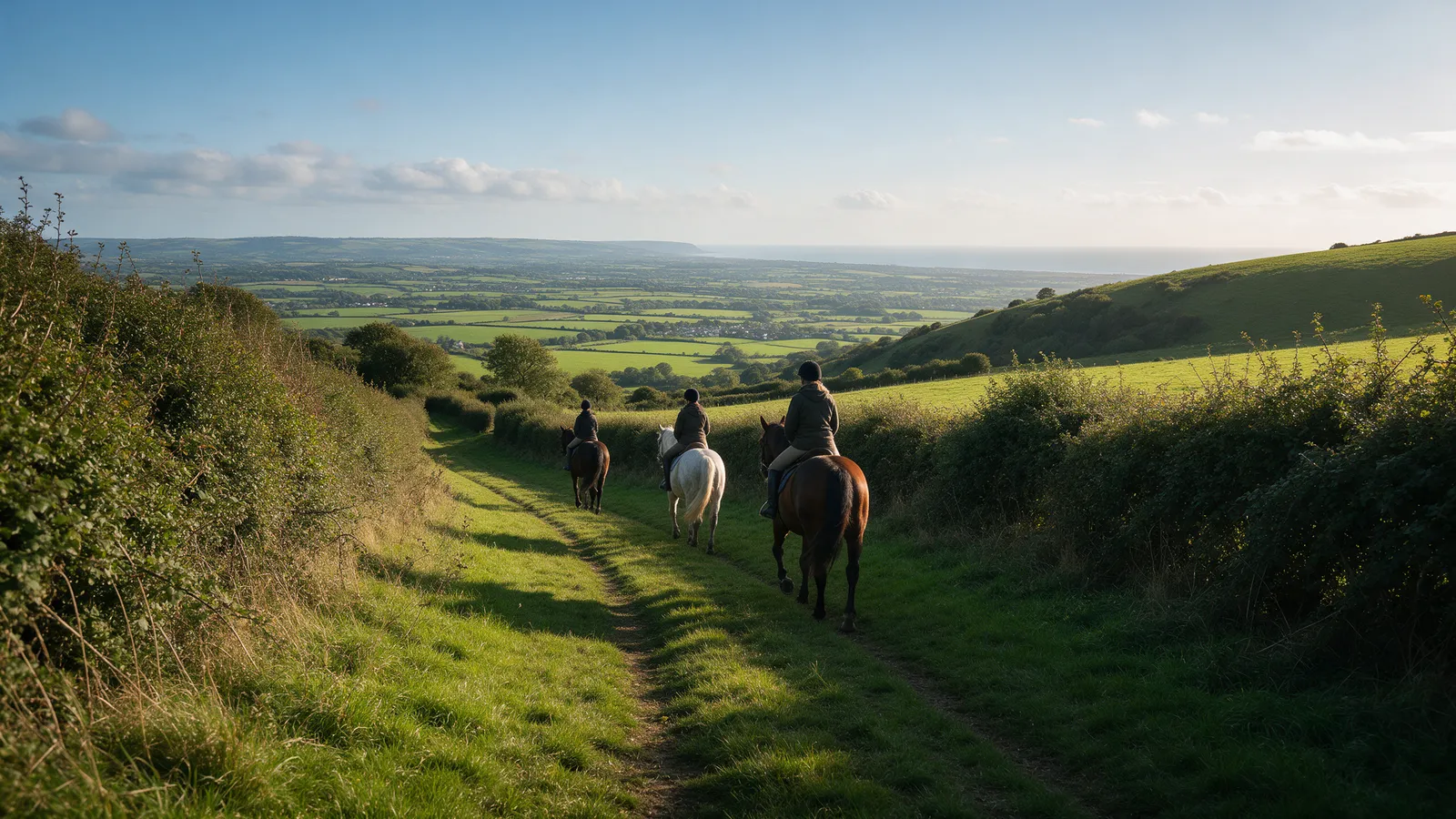 Three riders on horses walking in single file along a grassy farm track between hedgerows, the green Vale of Glamorgan and the sea in the distance