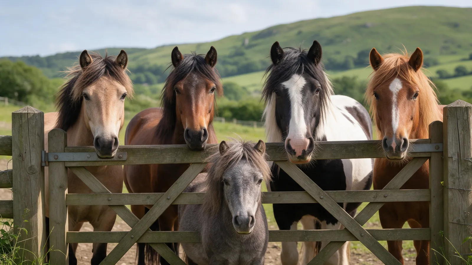 Five ponies and horses of different colours looking over a wooden field gate, a grey pony at the front, green hills behind