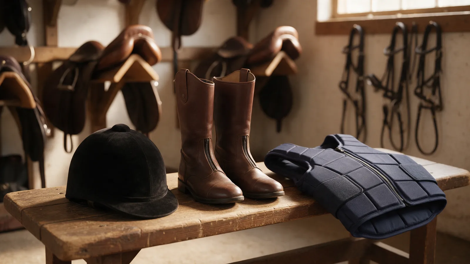 A black riding hat, a pair of brown jodhpur boots and a navy body protector laid on a wooden tack-room bench