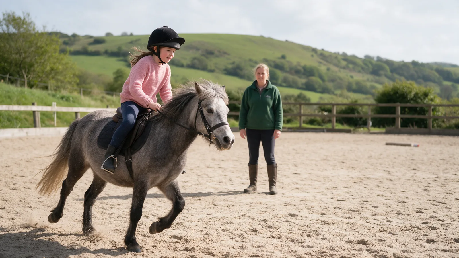 A girl of about eight on a grey pony trotting round an outdoor arena, an instructor in a green fleece standing in the middle, hills behind