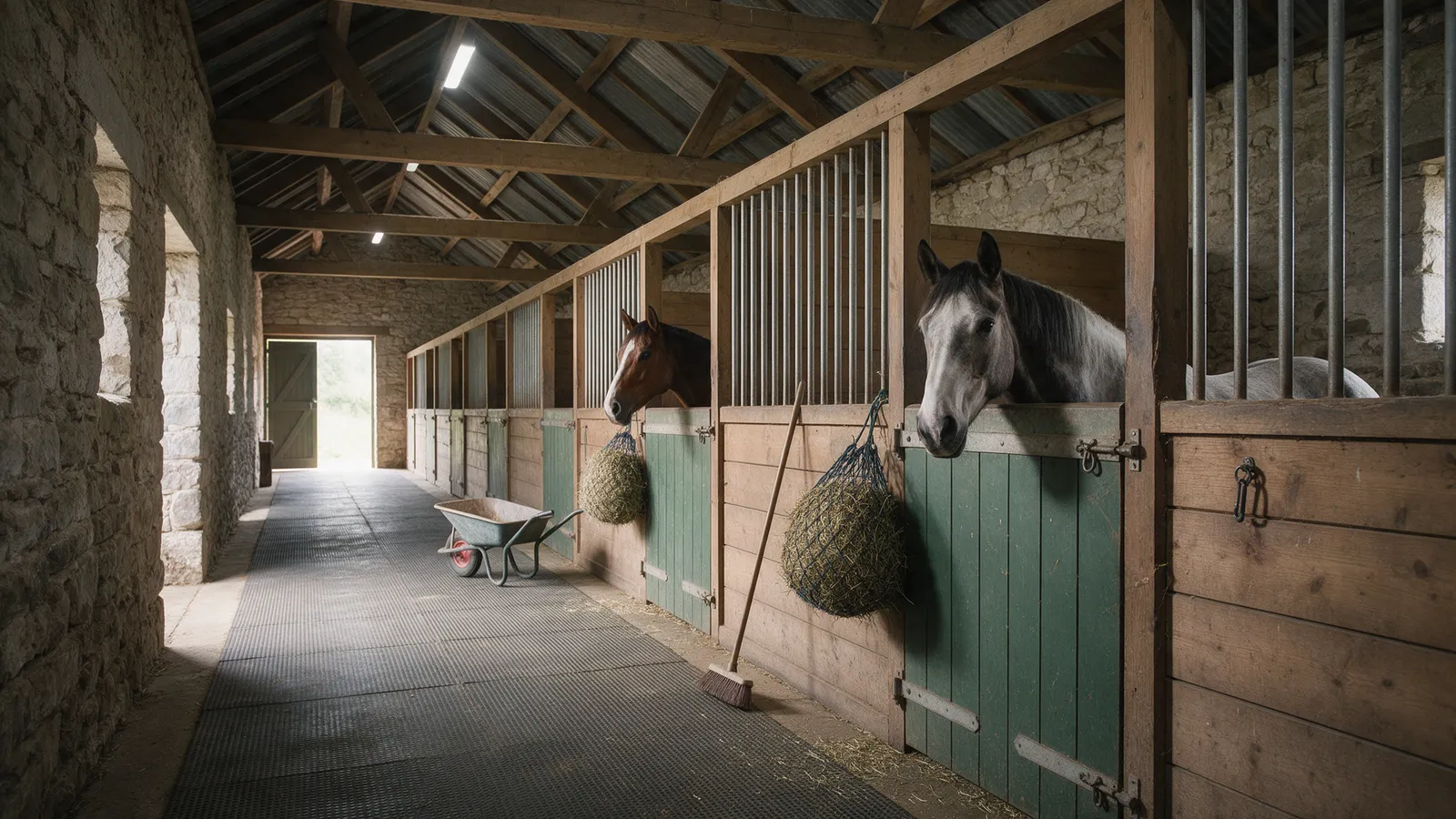 A row of wooden stables with green half doors in a stone barn, two horses looking out with hay nets, a wheelbarrow in the yard