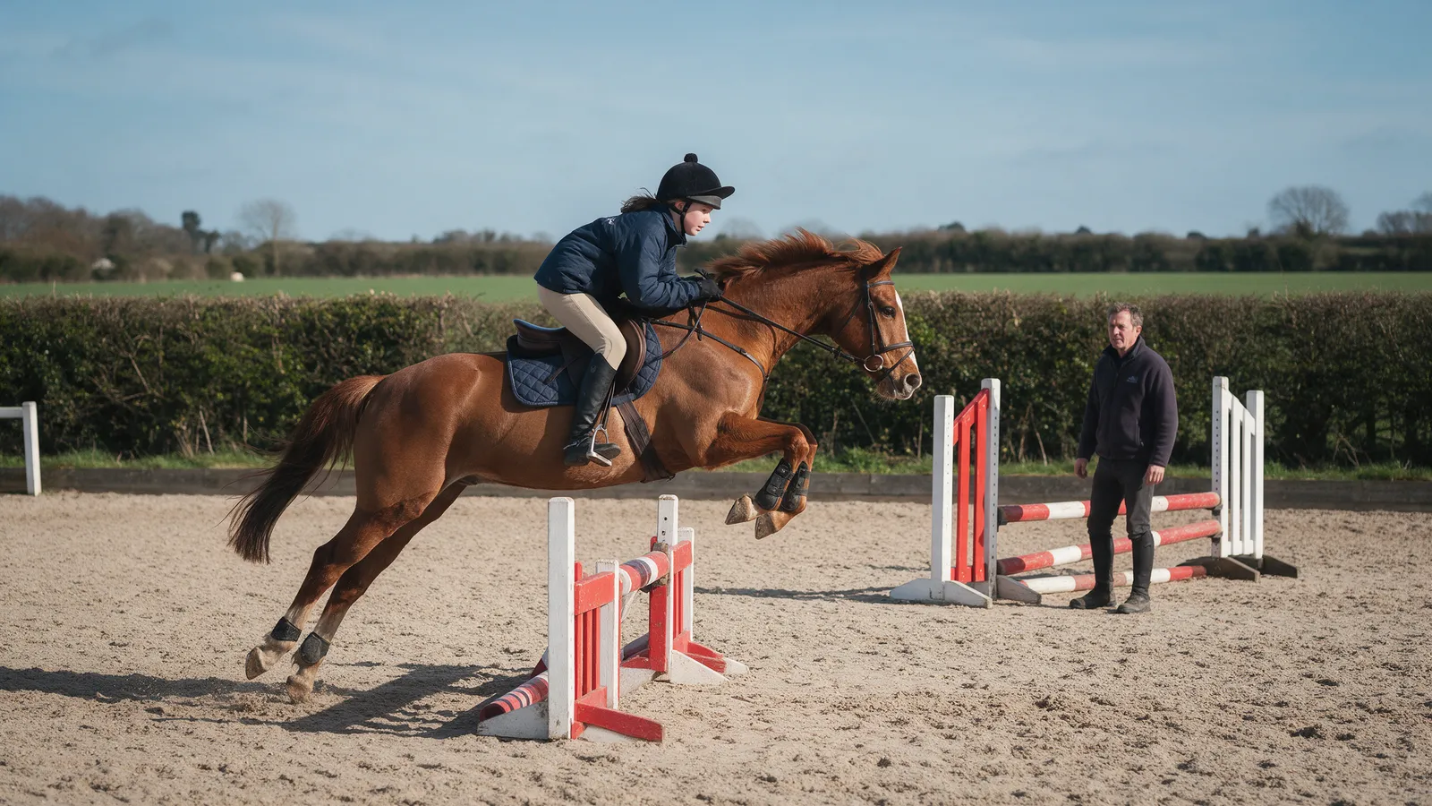 A teenage rider on a chestnut horse jumping a small coloured fence in a sand arena, a coach standing by the next fence