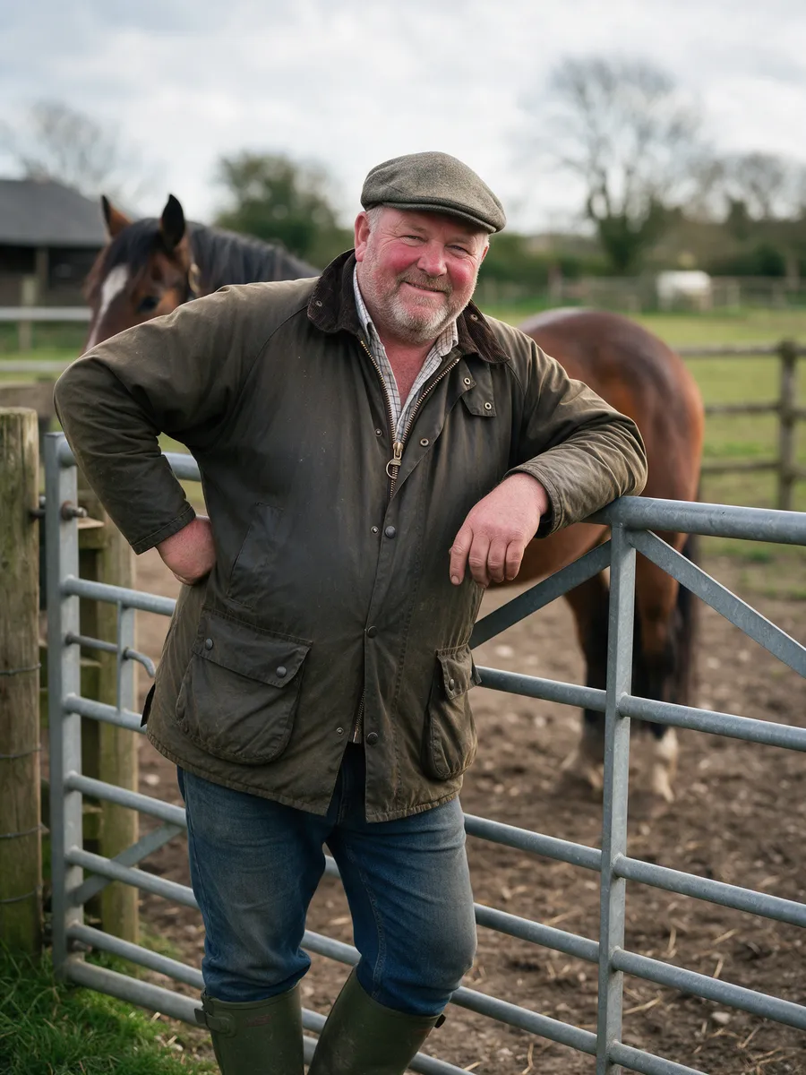 Dai Prosser, a broad Welsh man in his fifties in a flat cap, waxed jacket and wellies, leaning on a gate with a horse behind him