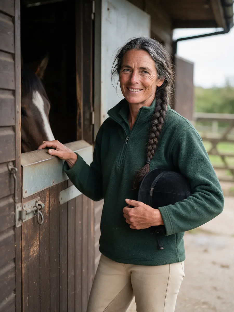 Elin Prosser, a Welsh woman in her late forties with grey-streaked dark hair in a plait, in a green fleece and a riding hat held under her arm, by a stable door