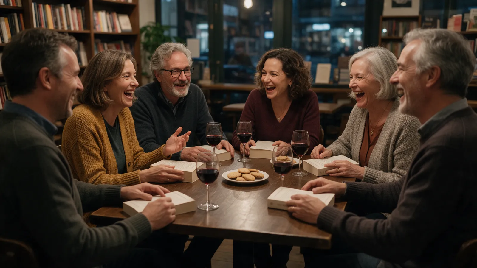 A book club of six adults around a café table in a bookshop in the evening, each with the same paperback, glasses of wine and biscuits