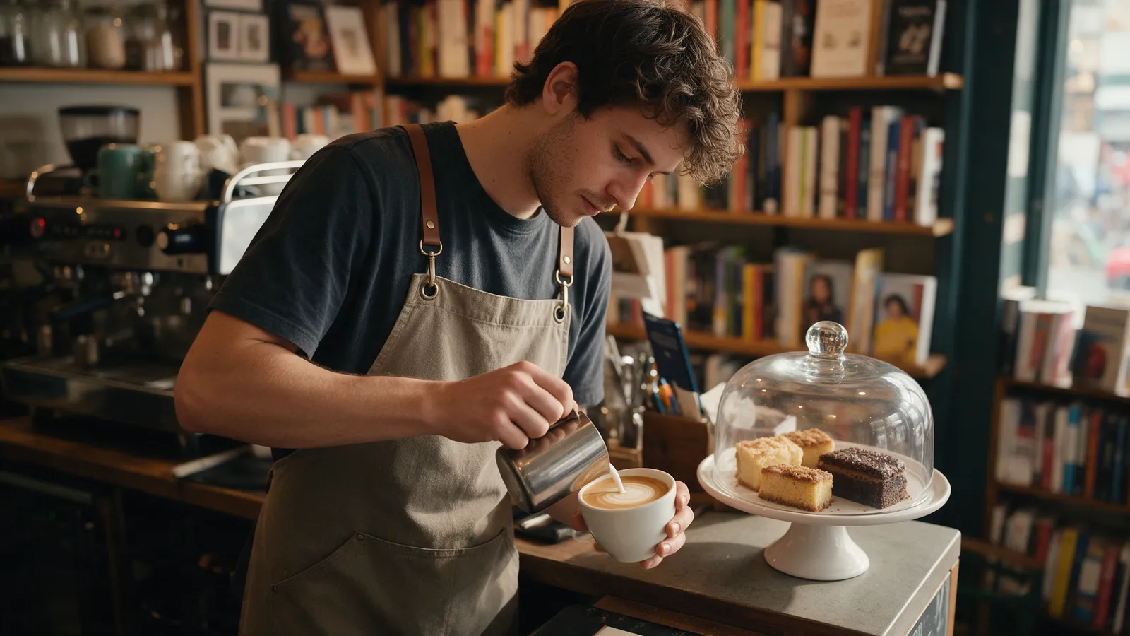 A young barista in a canvas apron making a flat white at a small café counter inside a bookshop, cakes under a glass dome, shelves behind