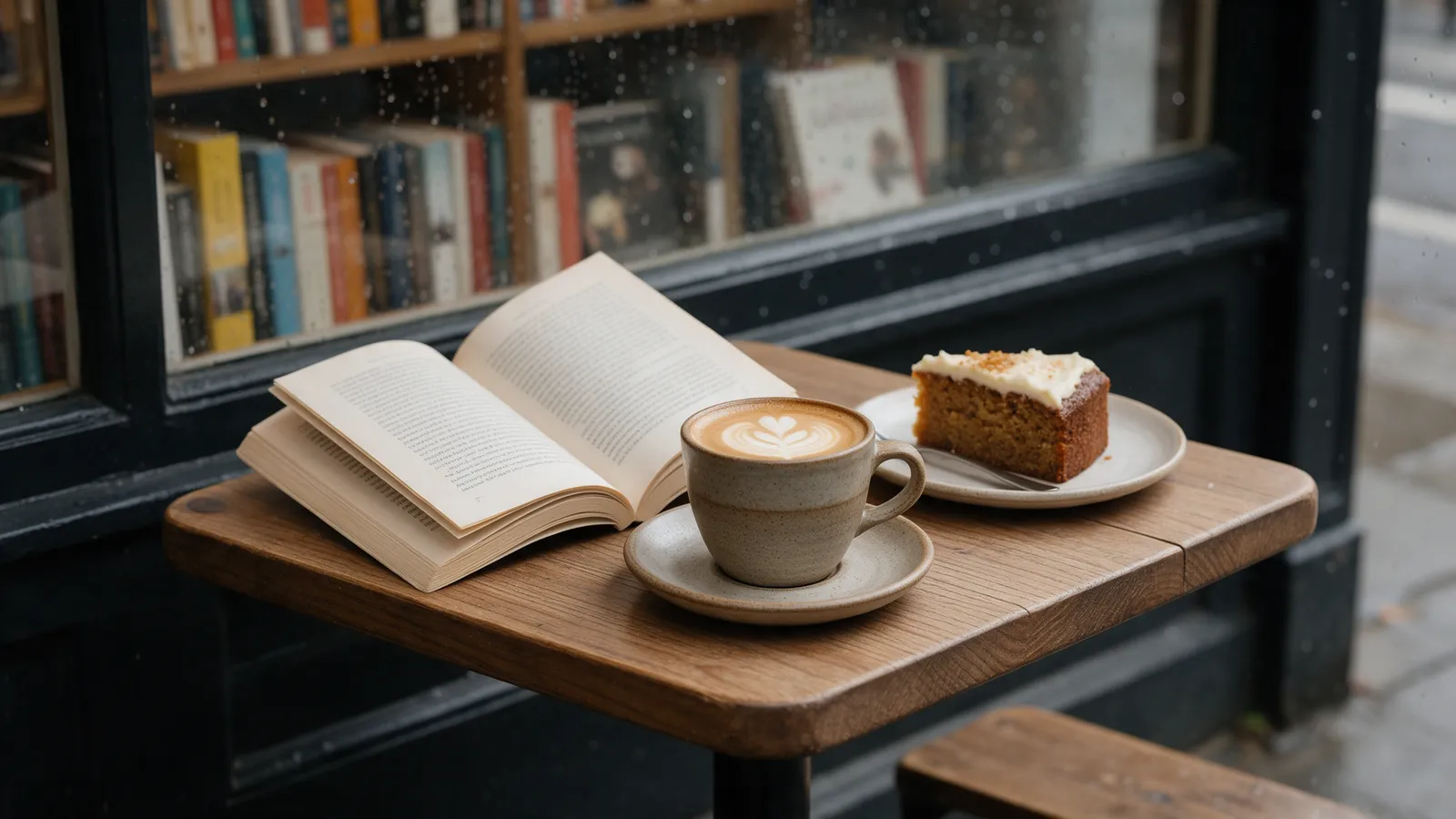 An open paperback on a small wooden café table beside a flat white and a slice of cake, rain on the bookshop window behind