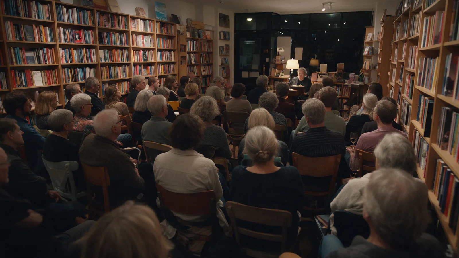 An evening author event in a bookshop: about thirty people on mismatched chairs between the shelves, an author reading at a small lectern with a lamp