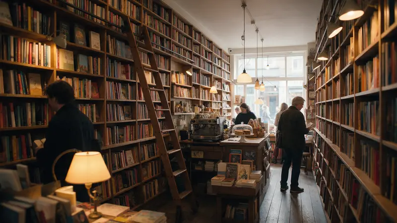 The inside of an independent bookshop with tall wooden shelves to the ceiling, a rolling ladder, a lit lamp, a café counter at the back and customers browsing