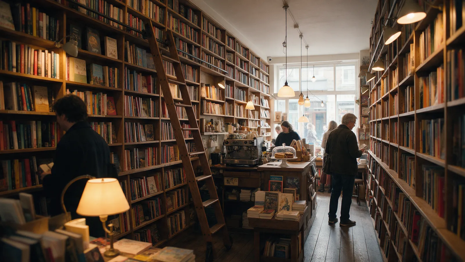 The inside of an independent bookshop with tall wooden shelves to the ceiling, a rolling ladder, a café counter at the back and customers browsing