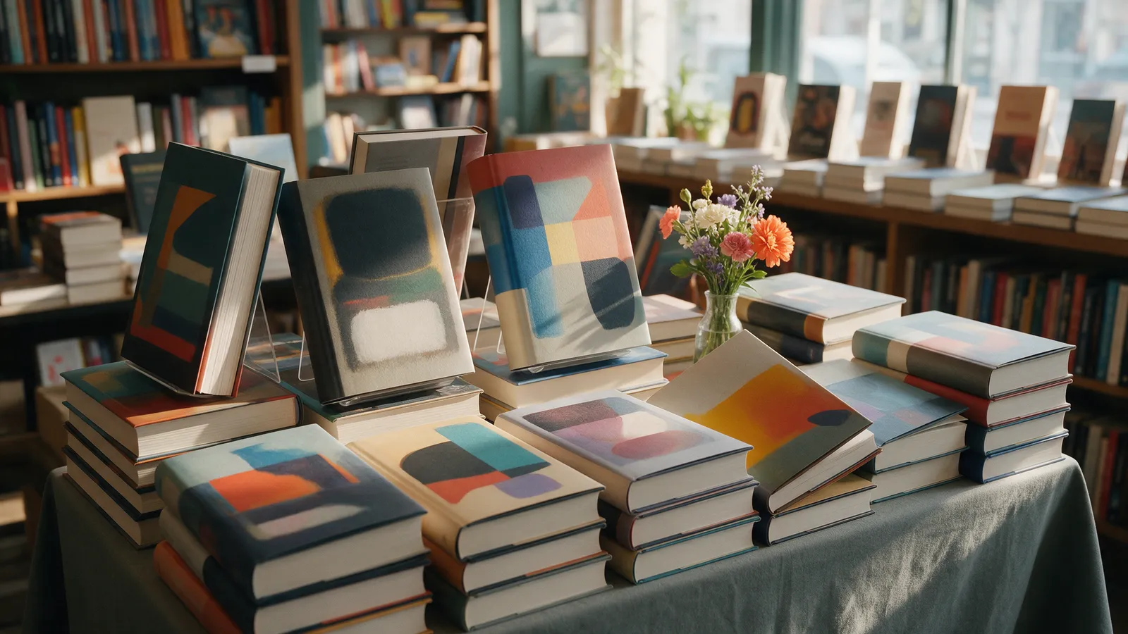 A front table of new hardbacks in an independent bookshop, covers face up, a vase of flowers, shelves behind
