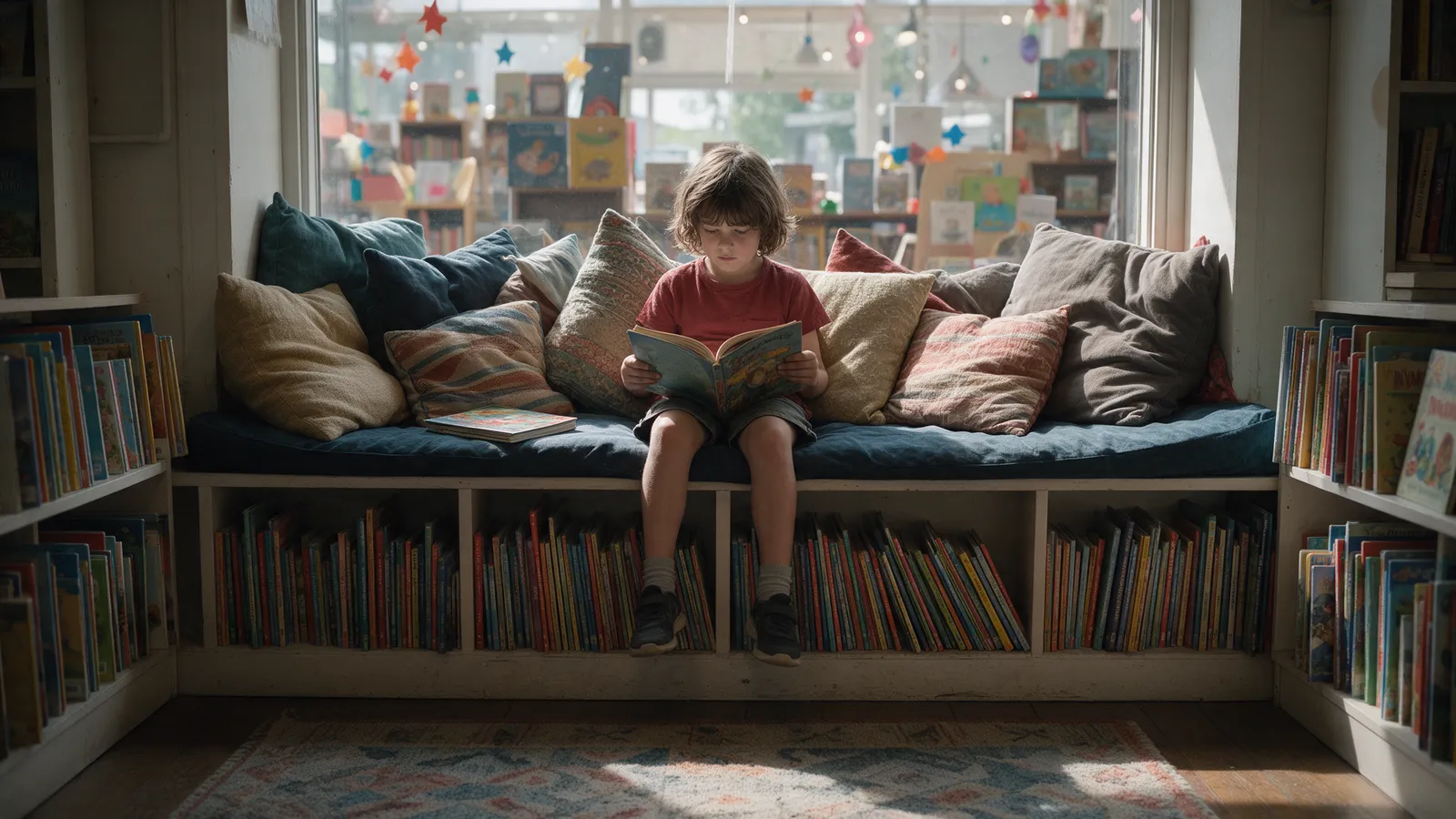 A child of about seven reading in a window seat piled with cushions in the children's corner of a bookshop, low shelves of picture books and a rug